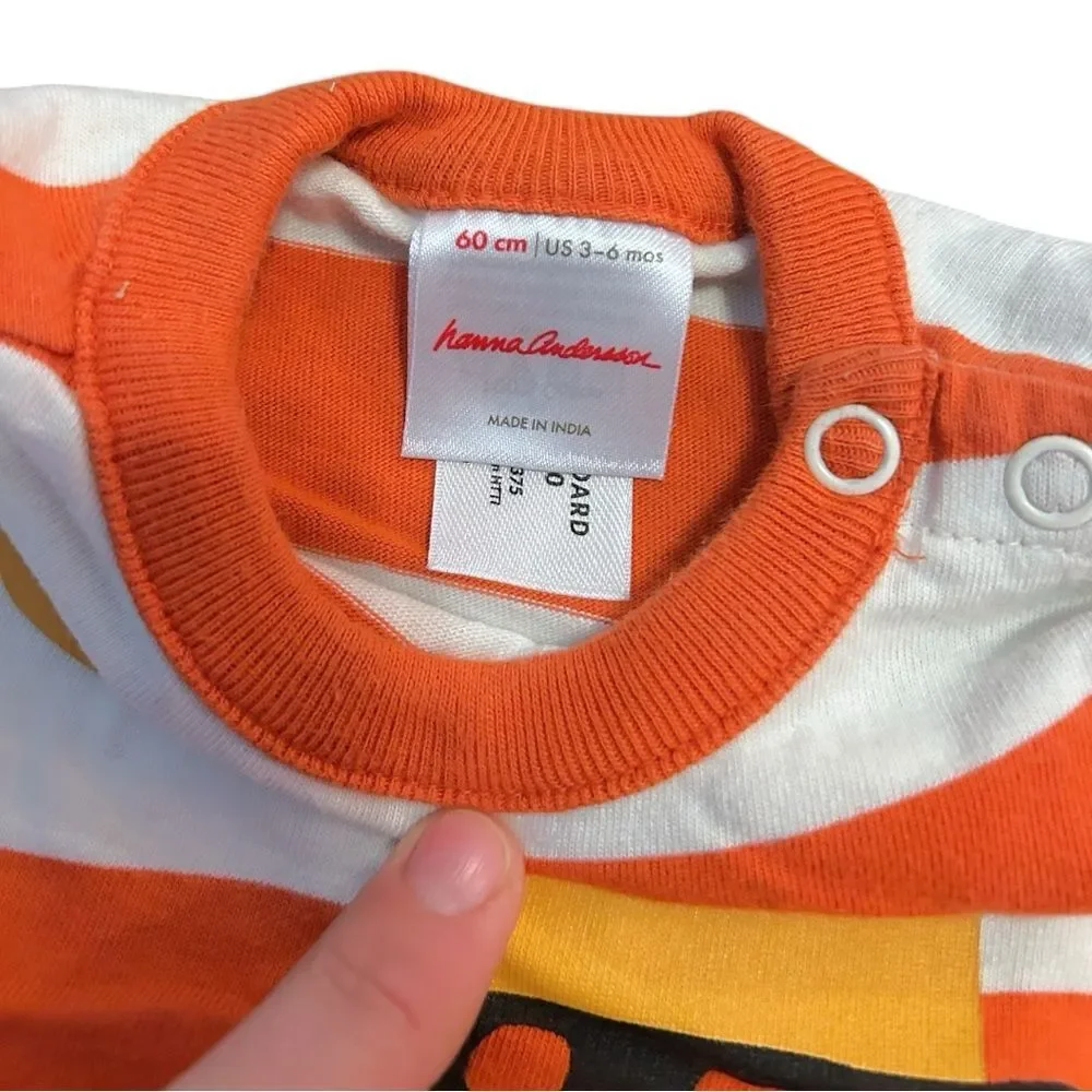 Hanna Andersson Orange and White Excavator Baby Romper, Size 3-6‎ mo.